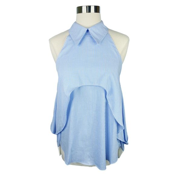 Central Park West x REVOLVE Blue Pinstripe Fold Over Cold-Shoulder Blouse Small - Picture 1 of 7